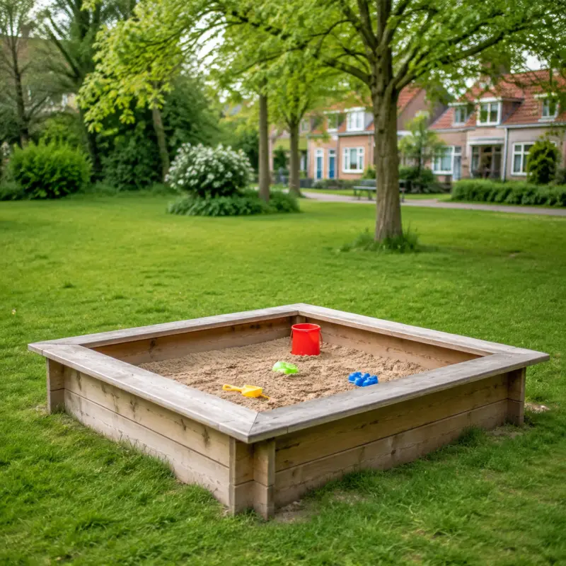 Houten zandbak met kleurrijk zandspeelgoed
